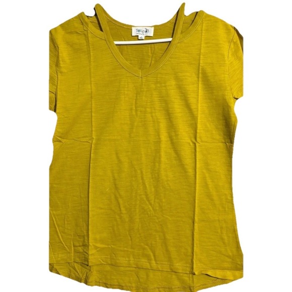 Mustard Pie Tops - Tulip B Slub Knit Shirt Women's Large Mustard Yellow Cotton Cold Shoulder V-Neck